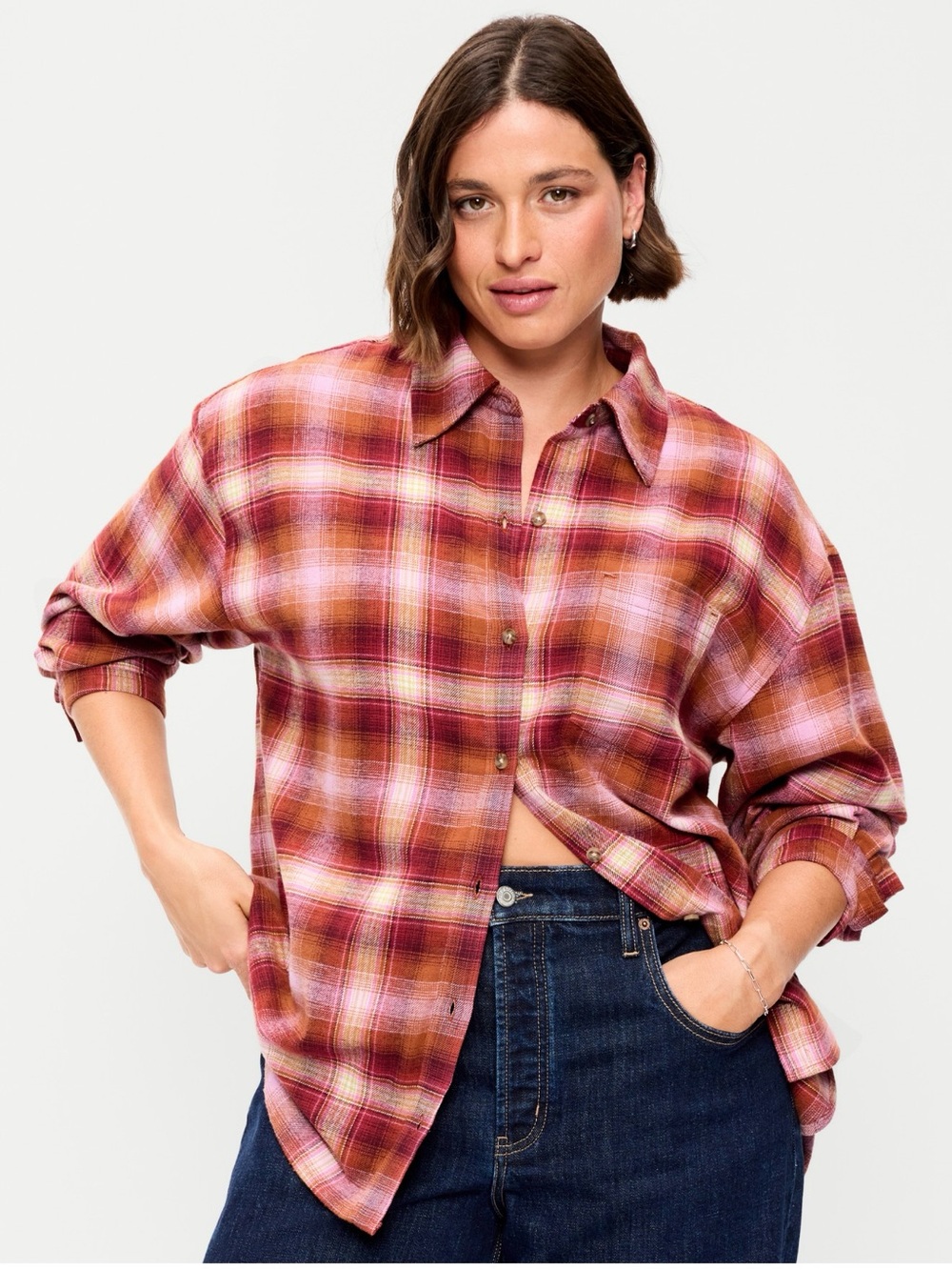 Old Navy Plaid Button-Front Flannel Shirt - Red Multi